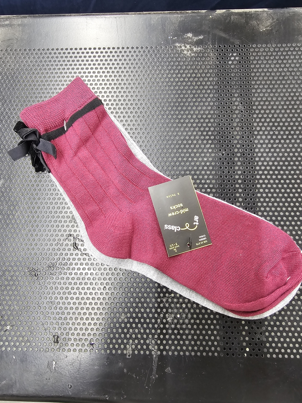 art class Magenta Crew Socks with Black Bow Accent